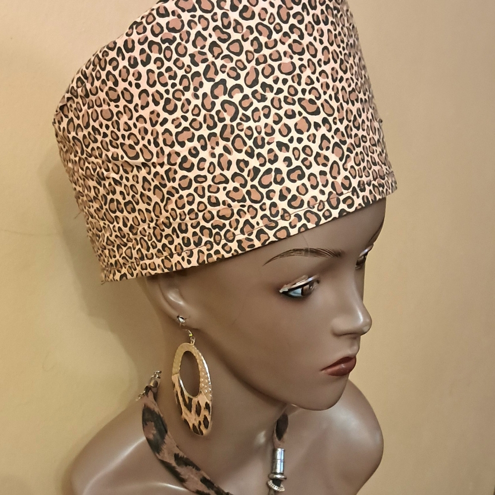 New  Handmade African Kente Kufa Style Brown and Tan Leopard Print Hat 24"